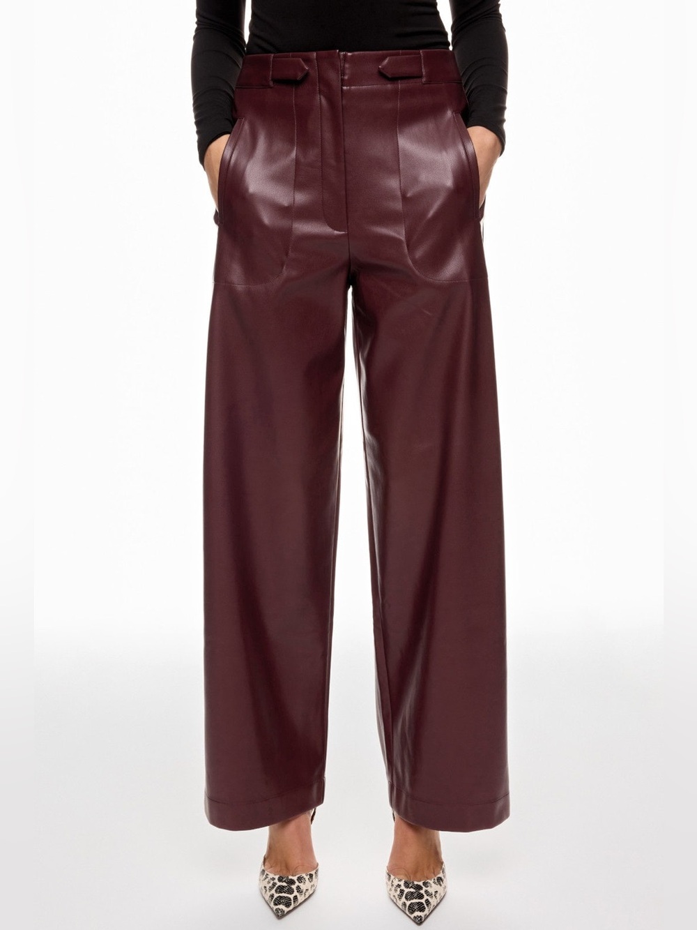 Ronny Kobo Collection Wide-Leg Faux Leather Pants in Burgundy